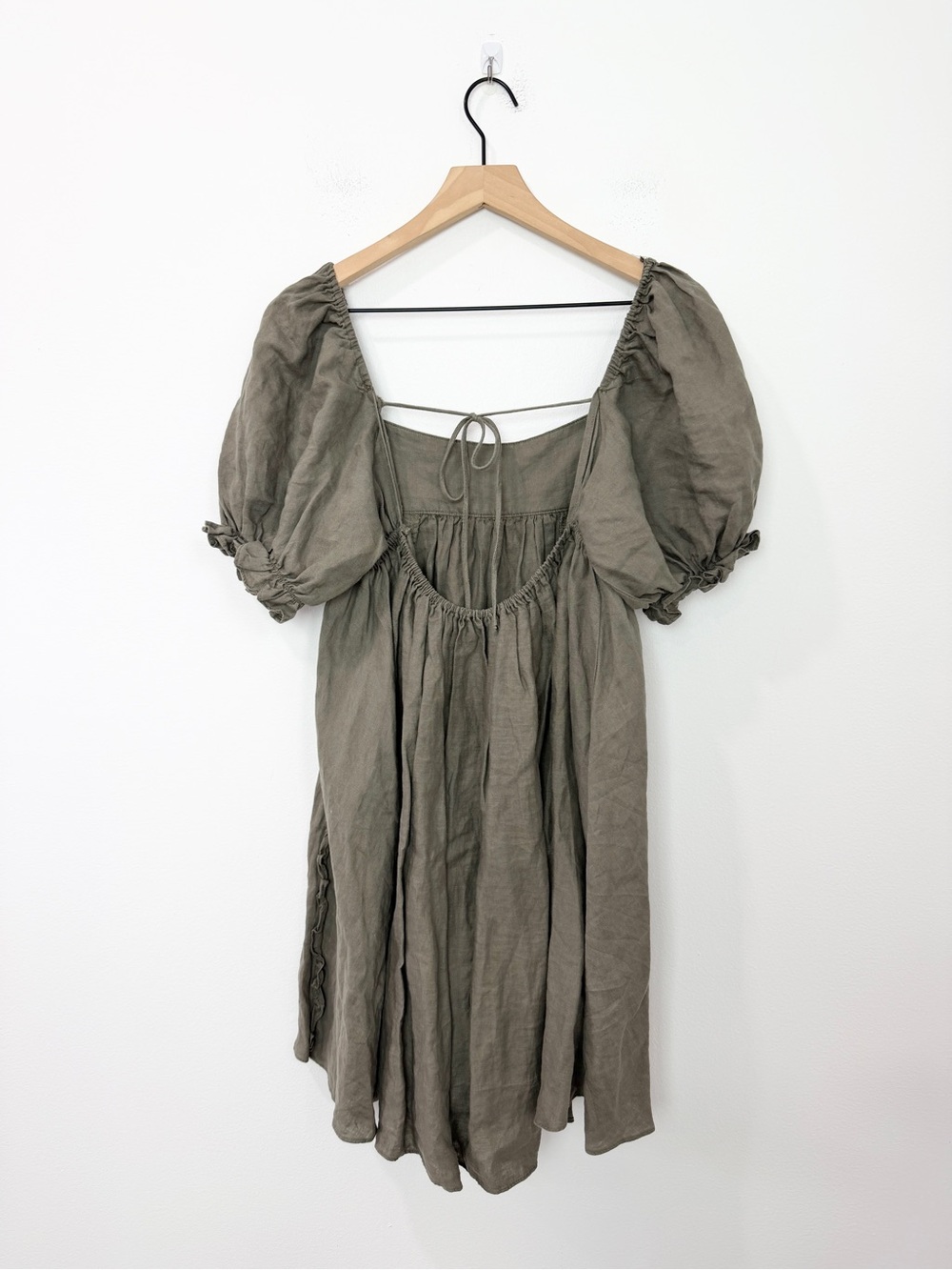 Mable 100% Linen Babydoll Mini Dress Ruffle Puff Sleeves Size Medium - Picture 3 of 8